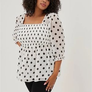 Torrdi Smocked Babydoll Top - Chiffon Dot Black & White - 3x - NWT